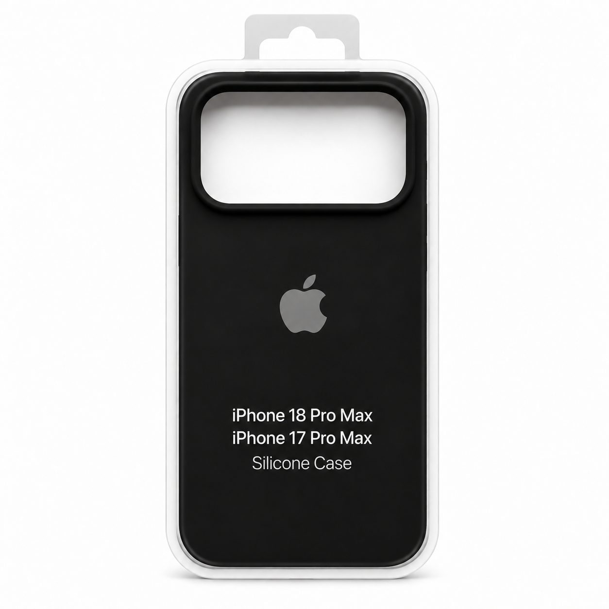 Funda de silicona negra para iPhone 18 Pro Max y 17 Pro Max en empaque transparente.