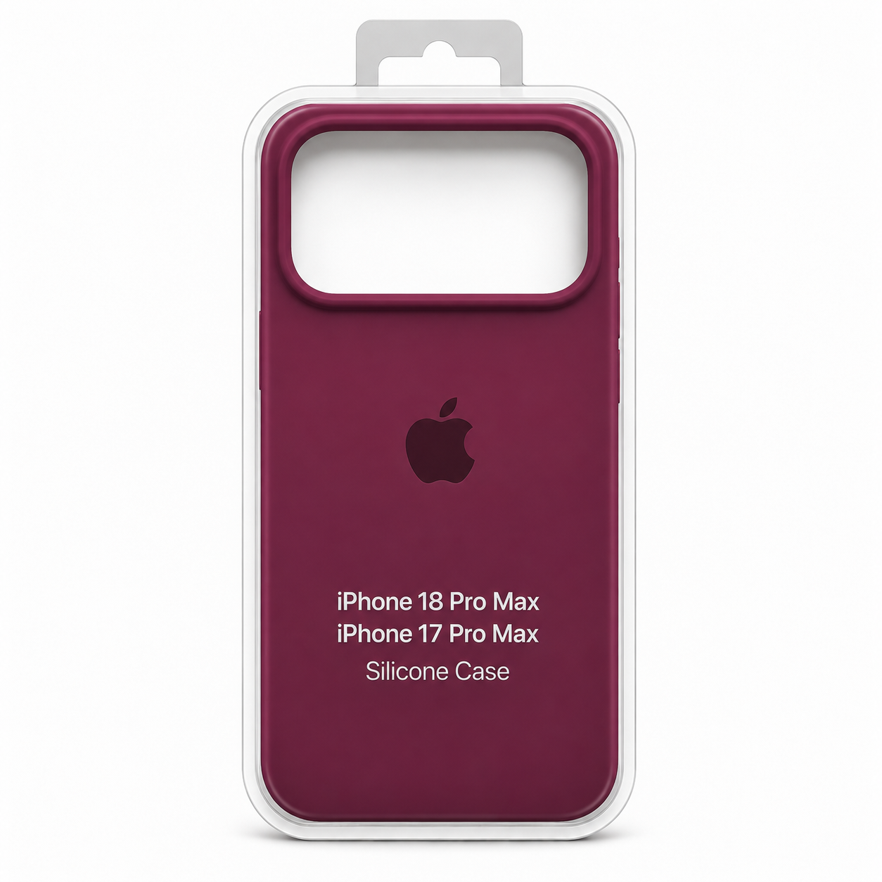 Funda de silicona color borgoña para iPhone 18 Pro Max y 17 Pro Max en empaque transparente.