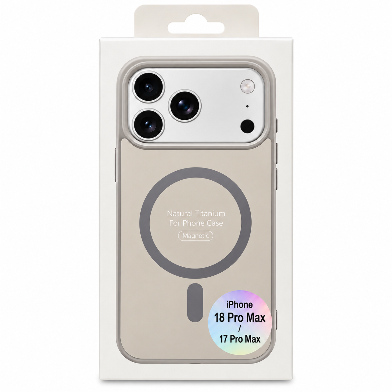 Empaque de la funda beige con MagSafe para iPhone 18 Pro Max y 17 Pro Max, vista frontal.