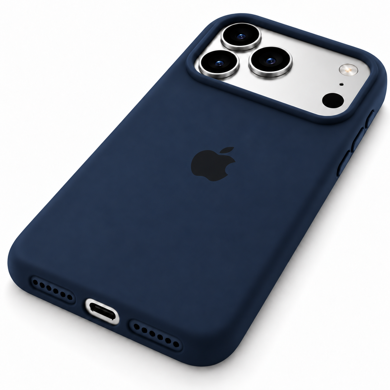 Funda de silicona azul marino para iPhone 18 Pro Max y 17 Pro Max, vista trasera en diagonal con borde inferior visible.