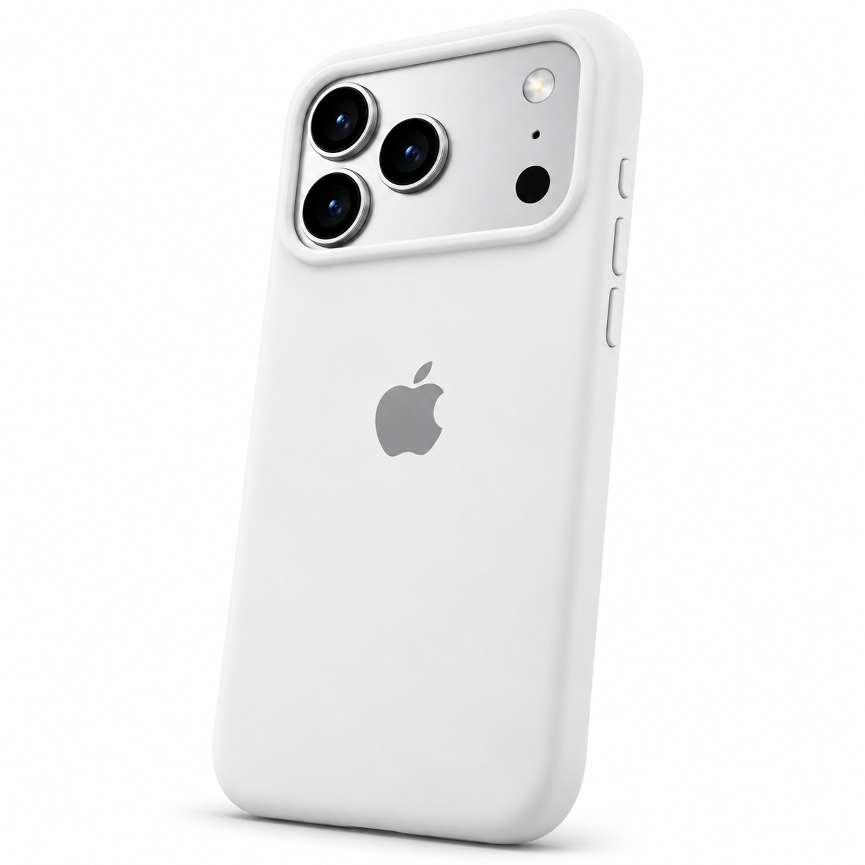 Funda de silicona blanca para iPhone 18 Pro Max y 17 Pro Max, vista trasera con borde de cámara y botones laterales.
