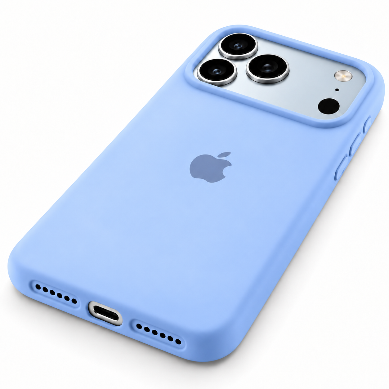 Funda de silicona azul glaciar para iPhone 18 Pro Max y 17 Pro Max, vista trasera en diagonal con borde inferior visible.
