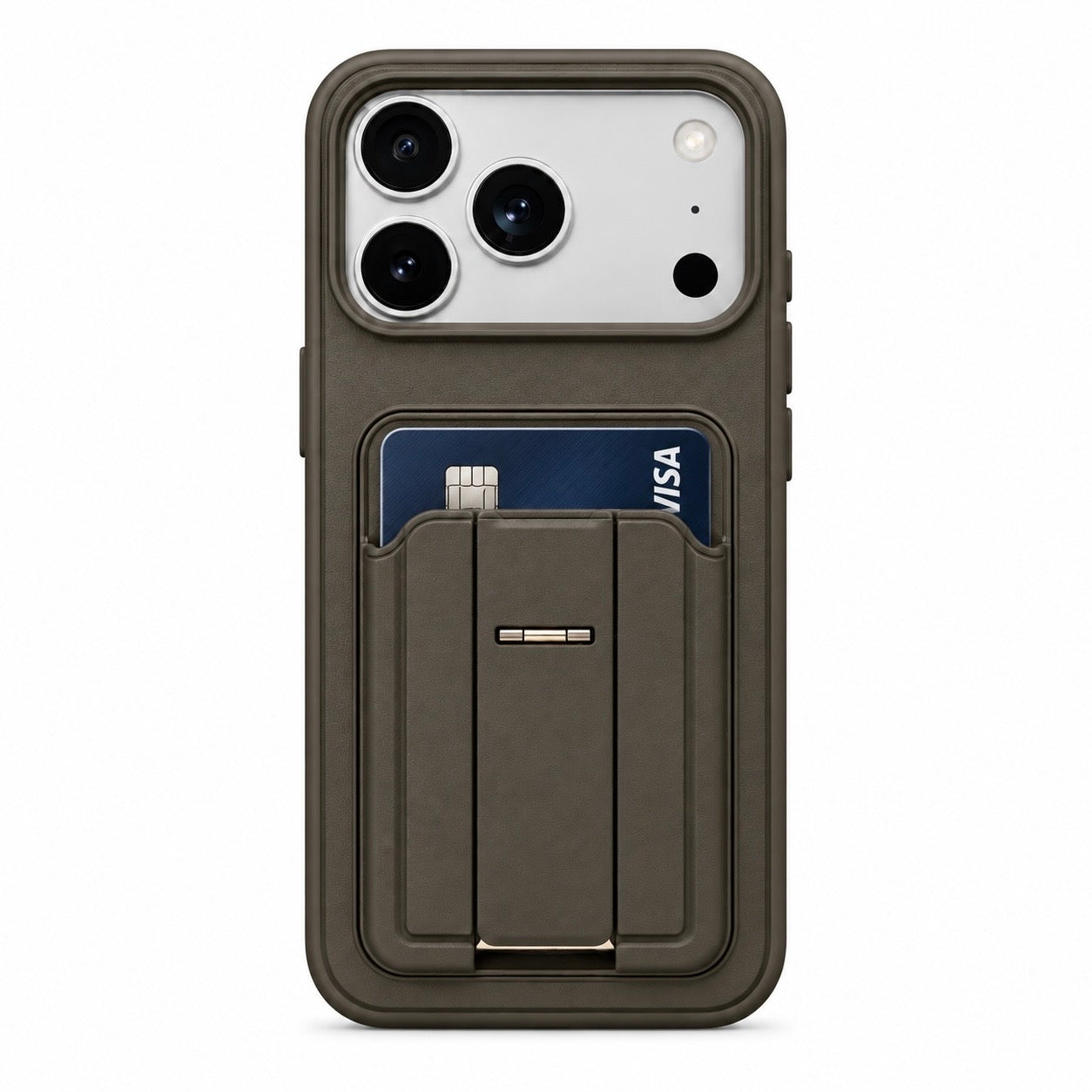 Funda con tarjetero para iPhone 18 Pro Max y 17 Pro Max, vista trasera con tarjeta insertada y soporte plegado.