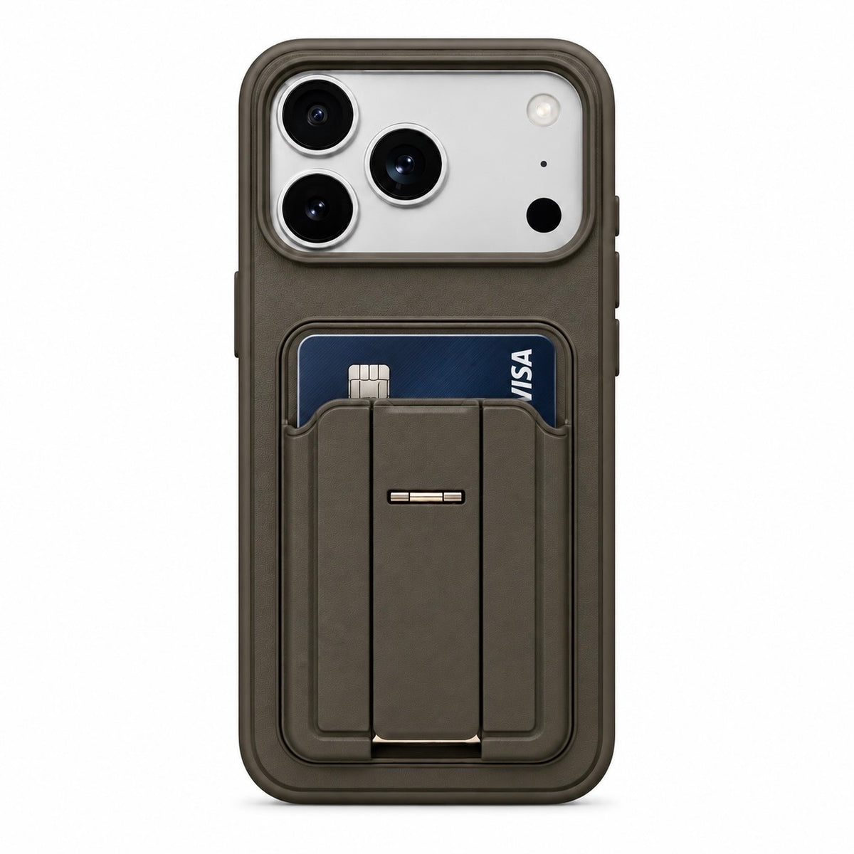 Funda con tarjetero para iPhone 18 Pro Max y 17 Pro Max, vista trasera con tarjeta insertada y soporte plegado.